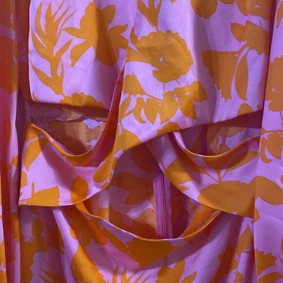 Like New Orange Floral Wrap Front Cutout Pink Midi Dress - Picture 4 of 8